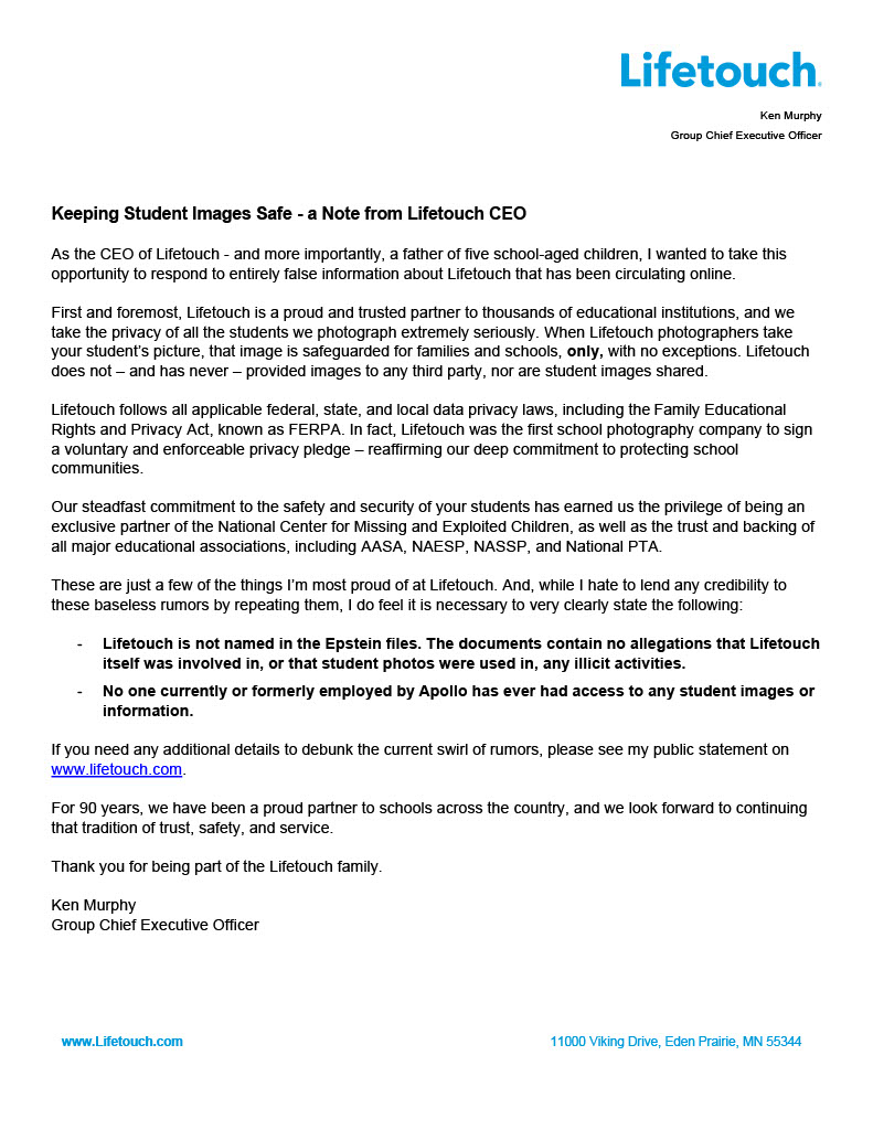 Lifetouch School Community Letter